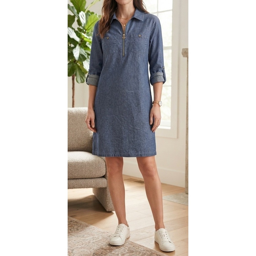 Anne Klein Blue Chambray Quarter Zip Roll Tab Sleeve Shirt‎ Dress Women's Large